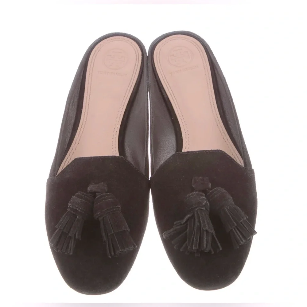 Tory Burch Salinas Tassel Mule Black Suede Slide Size 9